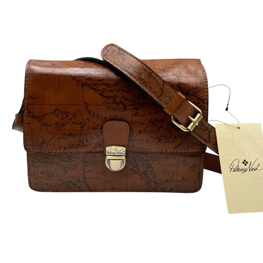 Patricia Nash Womens Liana Leather Crossbody Signature Map Brown Multi-pocket